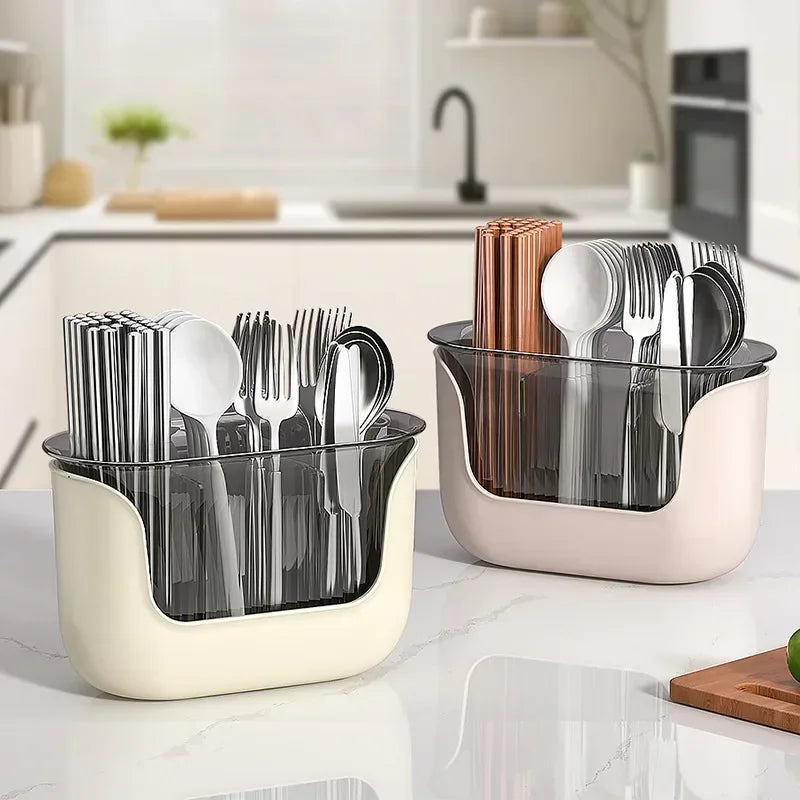 OrgaDish Besteckhalter mit Abtropfschale | 3 Fächer | Küchen-Organizer für Stäbchen & Besteck