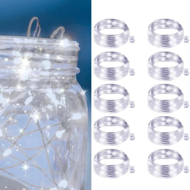 LumiGlow LED-Lichterkette 10er-Set | Warmweiß | Batteriebetrieben & Wasserdicht | Flexibler Silberdraht für Deko, Hochzeit & Party