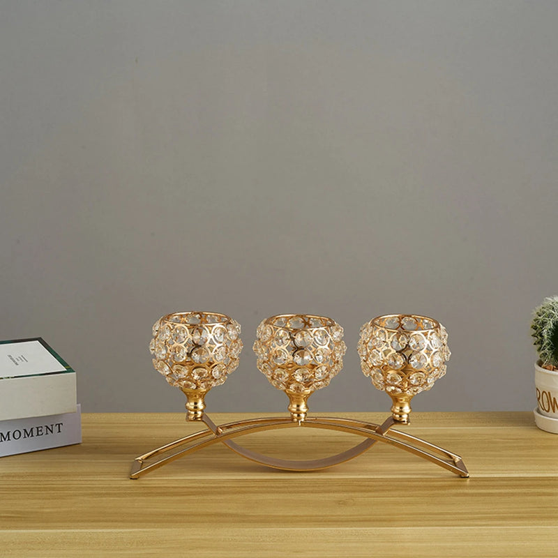 CristaLuce Kerzenhalter | 3 Kristallkelche | Modernes Bogen-Design | Metall & Glas | 33×9×15,5 cm