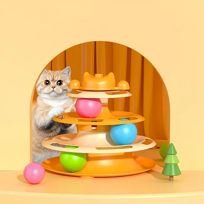 PurrLuxe Katzen Spielturm mit 4 Ebenen | Mit Feder-Spielstab & Bällen | Interaktives Katzenspielzeug