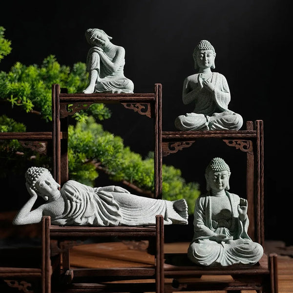 SERENYA Liegender Buddha | Handgefertigte Sandsteinfigur | Feng Shui Symbol für Ruhe & Glück | 9–18 cm