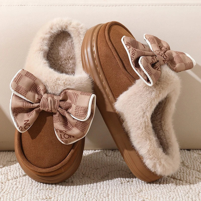 Damen Hausschuhe CozyBow | Warme Baumwoll-Pantoffeln mit Schleife | Rutschfeste Sohle | Weiche Winter Hausschuhe für Zuhause