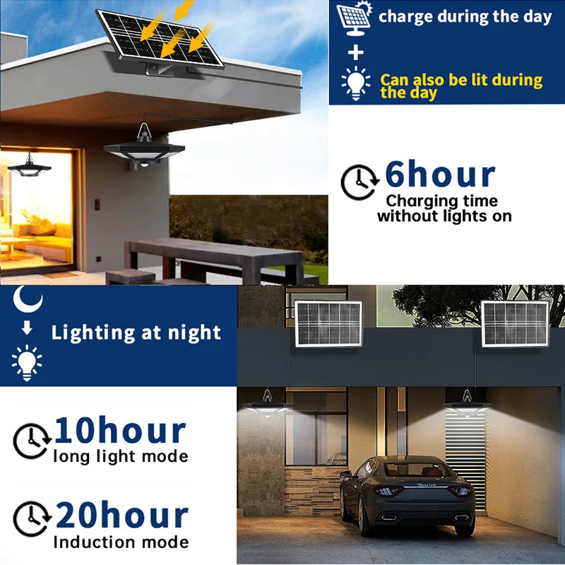 Solaris LuminoDrop Solar-Pendelleuchte mit 180 LED & Fernbedienung | Bewegungsmelder & 5 Modi | Für Terrasse, Garage & Scheune