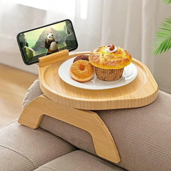 Armilo Sofa-Armlehnen-Tisch aus Holz | Clip-On Couch Tray mit Handyhalter | Für Snacks, Getränke & Fernbedienung | Kein Bohren nötig