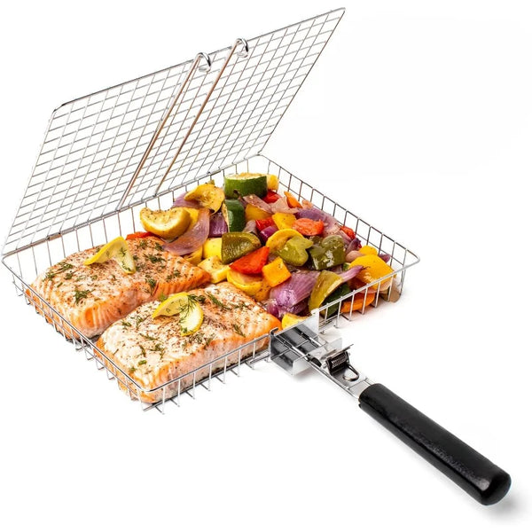 BBQGrid | Tragbares Grillgitter mit Griff | Ideal für Fisch, Gemüse & Garnelen | Edelstahl