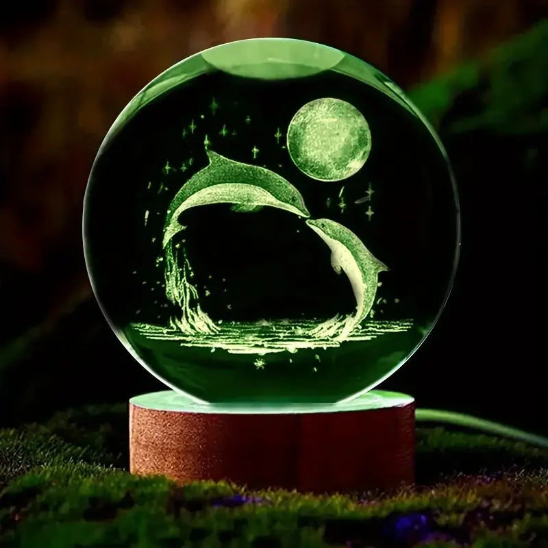 Mariluna Kristallkugel Delfin | 3D-Lasergravur & LED-Sockel | Mond- & Meeresmotiv