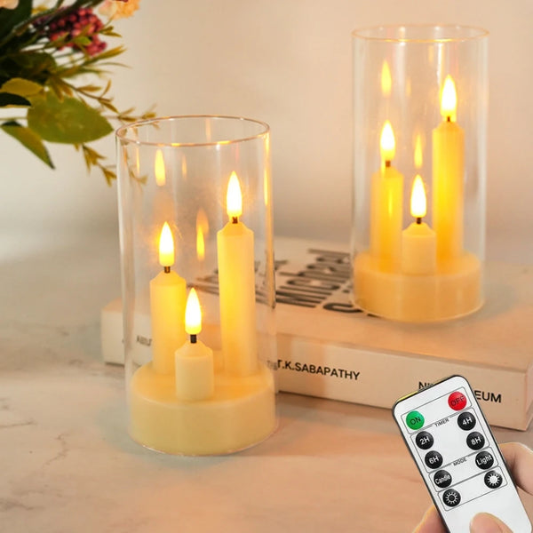 LumièreTrio LED-Stumpenkerze mit 3 Dochten | 7,5 × 15 cm | Fernbedienung & Timer | Flackerndes Warmlicht | Acryl-Design