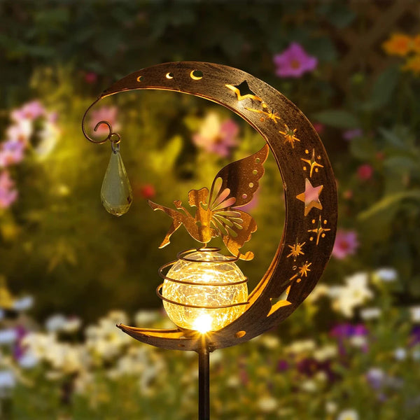 Lunafeya Solar Gartenlicht mit Mond & Fee | Rissglas-Kugel | IP55 Wasserdicht | Romantische Deko für Weg & Beet
