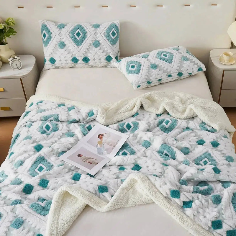 Lunavoux | Doppellagige Decke aus Samt & Lammwolle | Extra Dick & Warm | Geometrisches Jacquard-Muster | Sofa- & Bettüberwurf