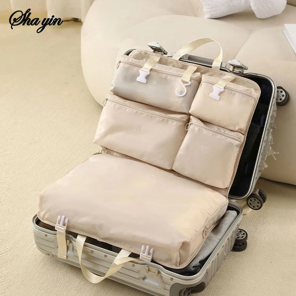 Travella 6-in-1 Faltbare Reise-Aufbewahrungstasche | Hängend & Tragbar | Multitasche für Kleidung, Kosmetik & Accessoires | Grau/Beige/Rosa