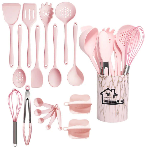 RosaCucina Silikon Küchenutensilien Set Rosa | 18-teilig | Lebensmittelecht & Hitzebeständig | Löffel, Spatel, Messlöffel & mehr