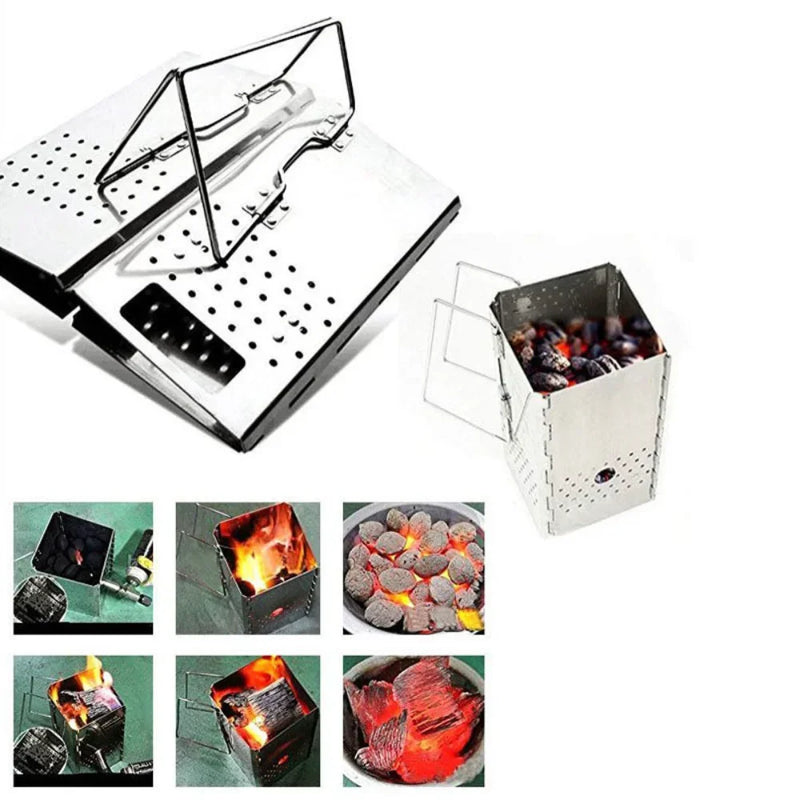 FlammoGo Faltbarer Anzündofen aus Edelstahl | Tragbarer Holzkohle-Starter für Grill & Outdoor | Kompakt & hitzebeständig