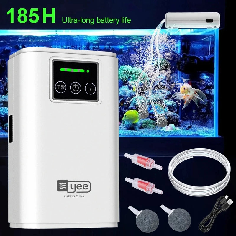 AquaLino SmartOxy Wiederaufladbare Sauerstoffpumpe für Aquarium & Outdoor | Leise Luftpumpe mit Akku & USB | Automatischer AC/DC-Wechsel & LED-Anzeige