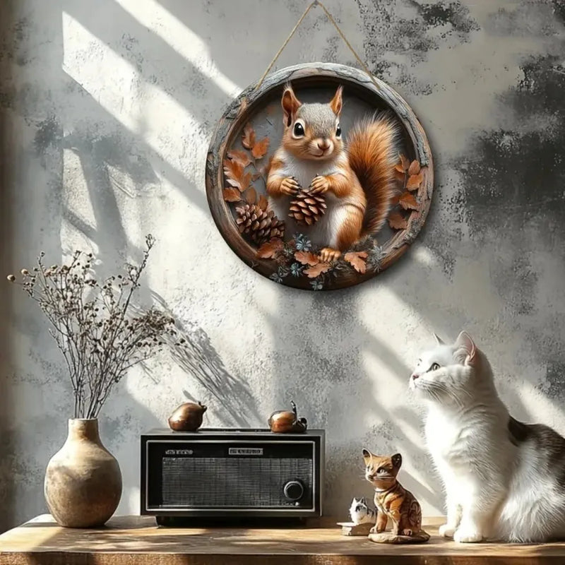 Holzschild AutumnTail | Rundes Willkommensschild mit Eichhörnchen-Motiv | 20–30 cm | Handgefertigte Herbst- & Winterdeko