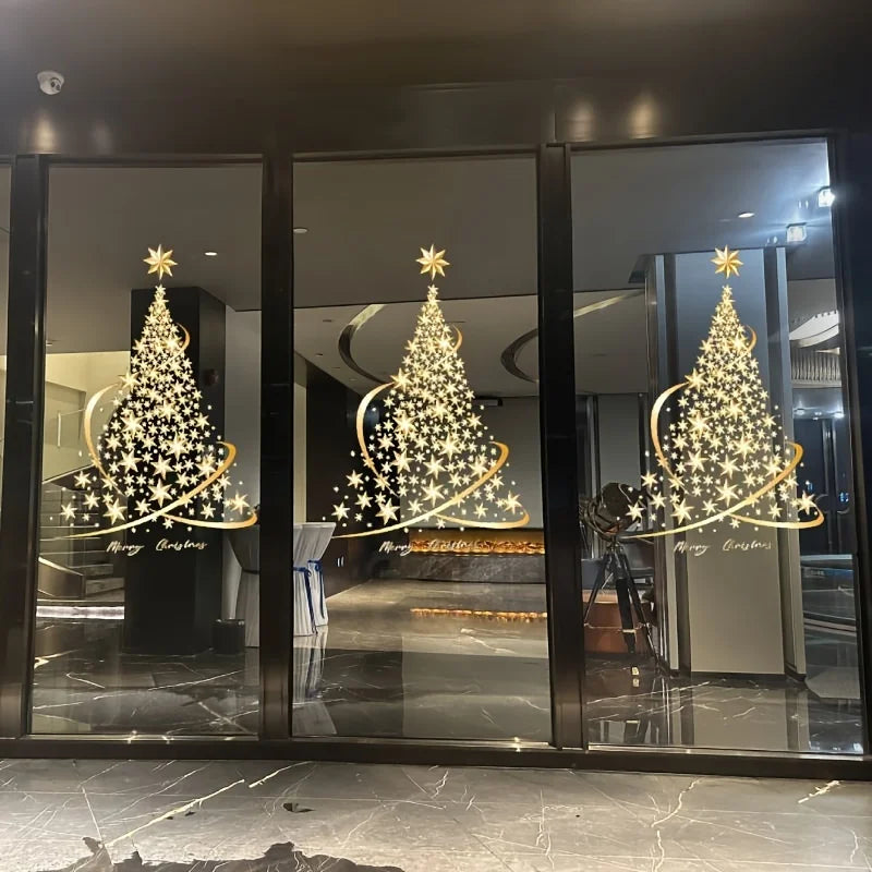 Fensteraufkleber GloriaTree | 2er Set Goldene Weihnachtsbäume | Wiederverwendbare PVC-Deko für Glas & Fenster