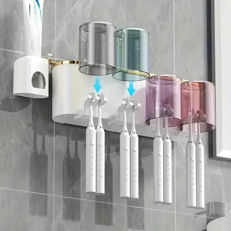 Zahnbürstenhalter Dentavio WallSet | Mit Becherhalter & Zahnpastaspender | Wandmontage | Für 2–4 Personen