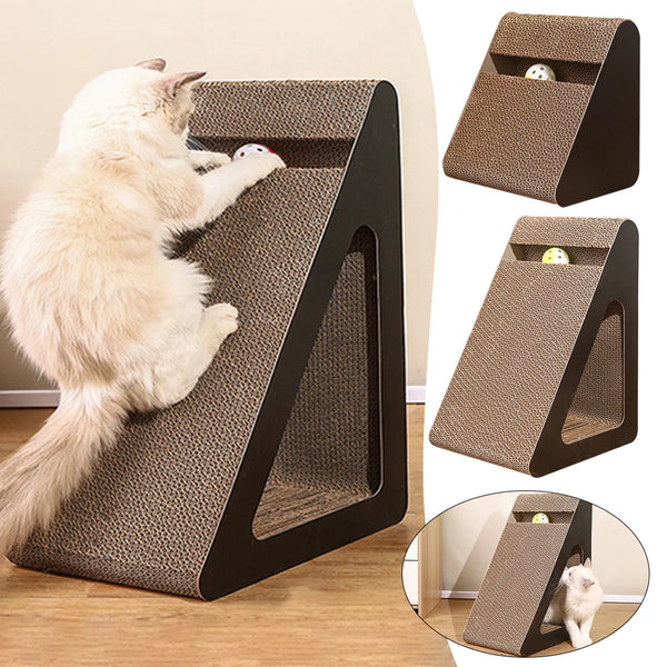 Kratzecke KratziPlay | 2-in-1 Kratzbrett mit Spielball | Dreieck-Design & Platzsparend | Für Katzen jeden Alters