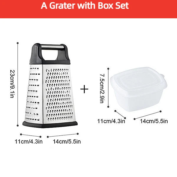 Gratello 4-in-1 Küchenreibe mit Auffangbehälter & Deckel | Edelstahl & rutschfester Boden | Für Käse, Gemüse, Zitrus & mehr | 22 × 11 × 9 cm