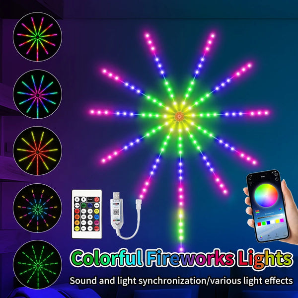 RGBIC Feuerwerks-Lichterkette | Bluetooth & Musiksteuerung über App | 5V USB Traumfarben-Girlande für Party, Hochzeit & Weihnachten | Aurafyre
