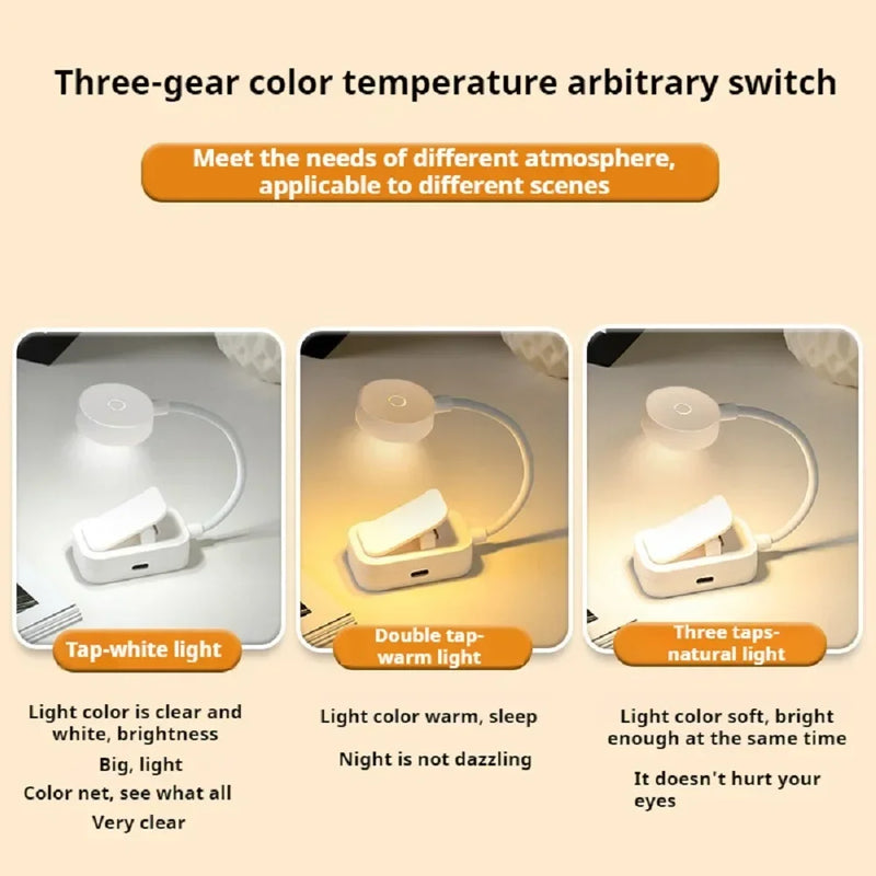 LumiClip Mini Buchlampe | LED Leselicht mit Clip | 3 Farbmodi & Stufenlose Helligkeit | USB & Akku | 360° Flex-Design