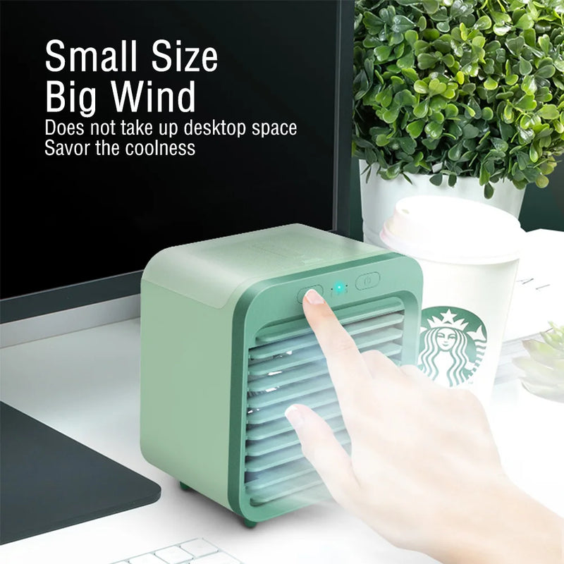 Coolivio Mini AirCooler | Tragbarer 3-in-1 USB-Ventilator mit Luftbefeuchtung & Kühlfunktion | 3 Stufen | 2500 mAh Akku | Für Büro, Reise & Zuhause