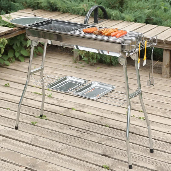 Flammoro Großer Holzkohlegrill aus Edelstahl | Klappbar & Tragbar | Ohne Montage | Mit Griff | Für Garten & Camping