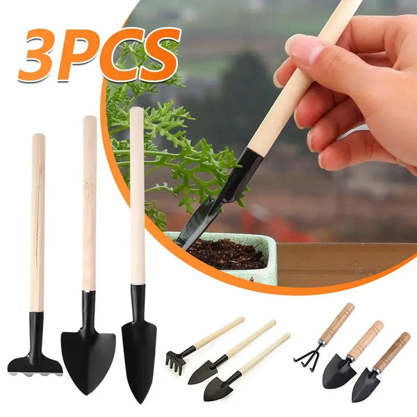 PlanturaMini Gartenwerkzeug-Set 3-teilig | Mini-Schaufel & Rechen | Für Balkon & Zimmerpflanzen | Holzgriff & Metallkopf