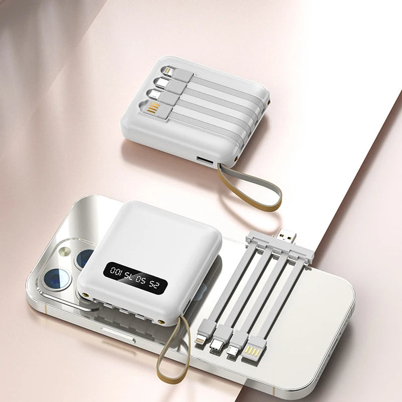 Mini-Powerbank mit Spiegel-Display | 20.000 mAh | Schnellladefunktion & integrierte Kabel | Für iPhone, Samsung, Xiaomi & mehr