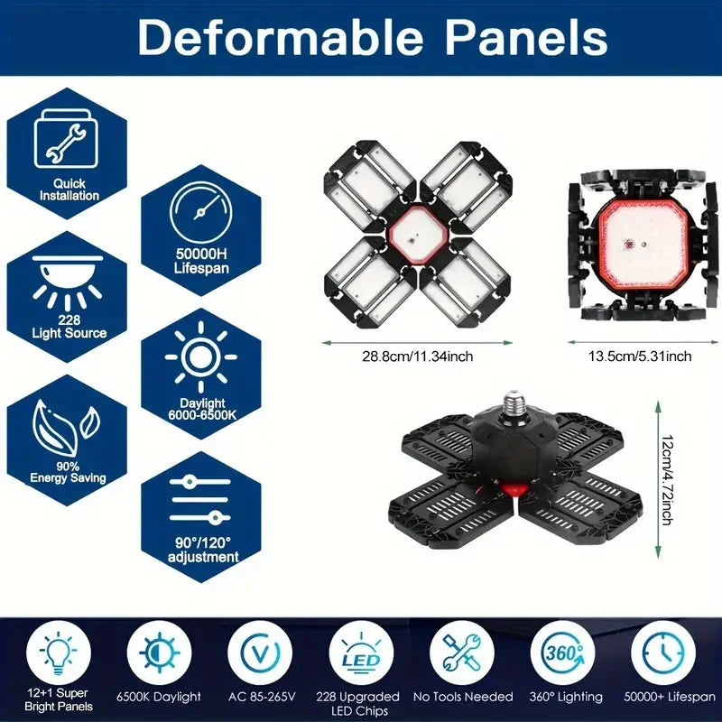 LUMIFLEX LED Garagenlampe | Faltbare Deckenleuchte mit 3–12 verstellbaren Panels | E27-Sockel | 6500K Tageslicht – Für Werkstatt, Lager & Garage