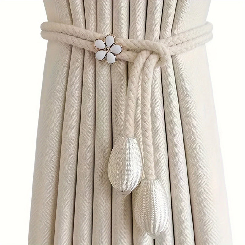 Floravia Vorhanghalter 2er-Set | Verstellbar ohne Bohren | Mit Blumen-Schnalle | Elegantes Wohnaccessoire