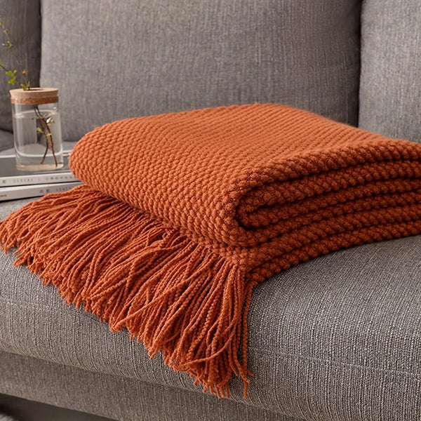 Aurelia Cozy  Quasten-Strickdecke in Morandi-Orange | Weich & Wärmend | 3 Größen | Für Sofa, Bett & Reisen