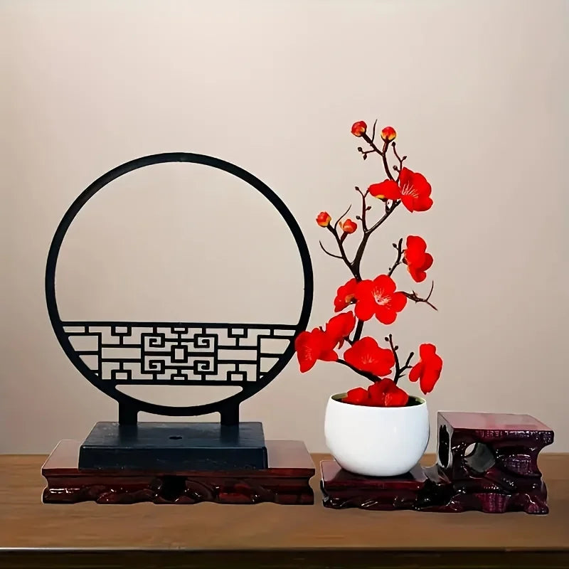 Kunst-Bonsai PlumElegance | Pflaumenblüten-Design | Mit dekorativem Paravent-Sockel | 32 cm Tischdeko