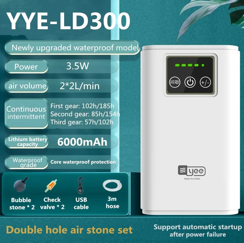 AquaLino SmartOxy Wiederaufladbare Sauerstoffpumpe für Aquarium & Outdoor | Leise Luftpumpe mit Akku & USB | Automatischer AC/DC-Wechsel & LED-Anzeige