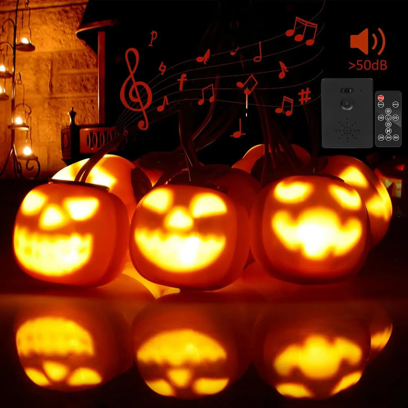 Halloween Lichterkette PumpkinPhantasm | 4,5 m | 8 Leuchtkürbisse mit Sound- & Musikmodus | Fernbedienung & Timer