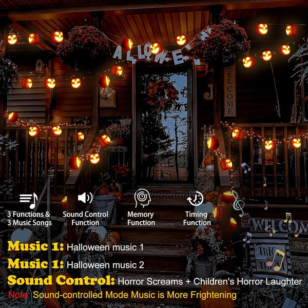 Halloween Lichterkette PumpkinPhantasm | 4,5 m | 8 Leuchtkürbisse mit Sound- & Musikmodus | Fernbedienung & Timer