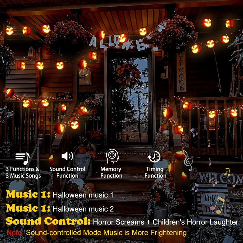 Halloween Lichterkette PumpkinPhantasm | 4,5 m | 8 Leuchtkürbisse mit Sound- & Musikmodus | Fernbedienung & Timer