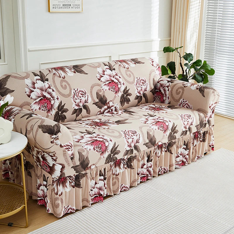 Floravelle | Sofaüberwurf mit Blumendesign | Rutschfest & Elastisch | Mit dekorativem Volant | Waschbarer Sofabezug