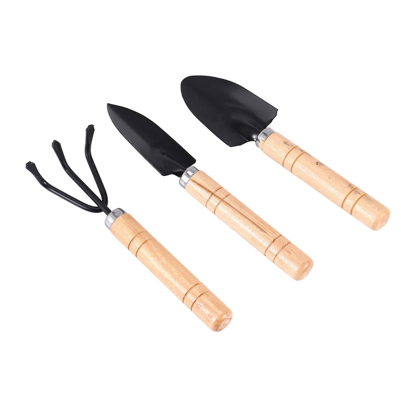 Planturio Mini Gartenwerkzeug-Set 3-teilig | Spaten, Schaufel & Rechen | Holzgriff & Metallkopf | Für Bonsai & Zimmerpflanzen