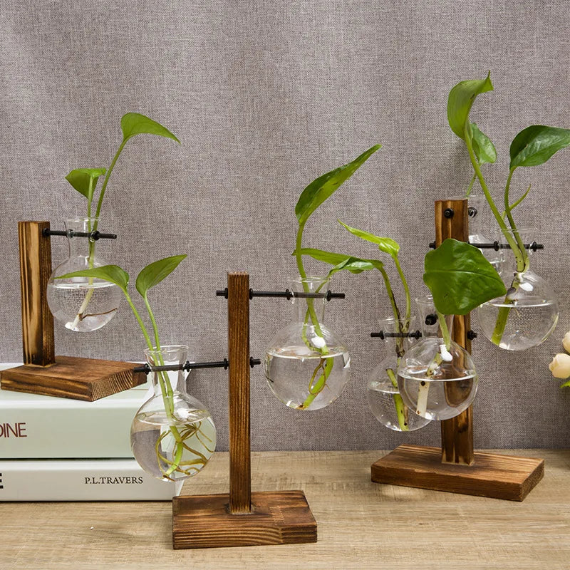 Naturiva Design Glasvase mit Holzrahmen | Für Schnittblumen & Hydrokultur | Skandinavischer Stil | 3-teiliges Set