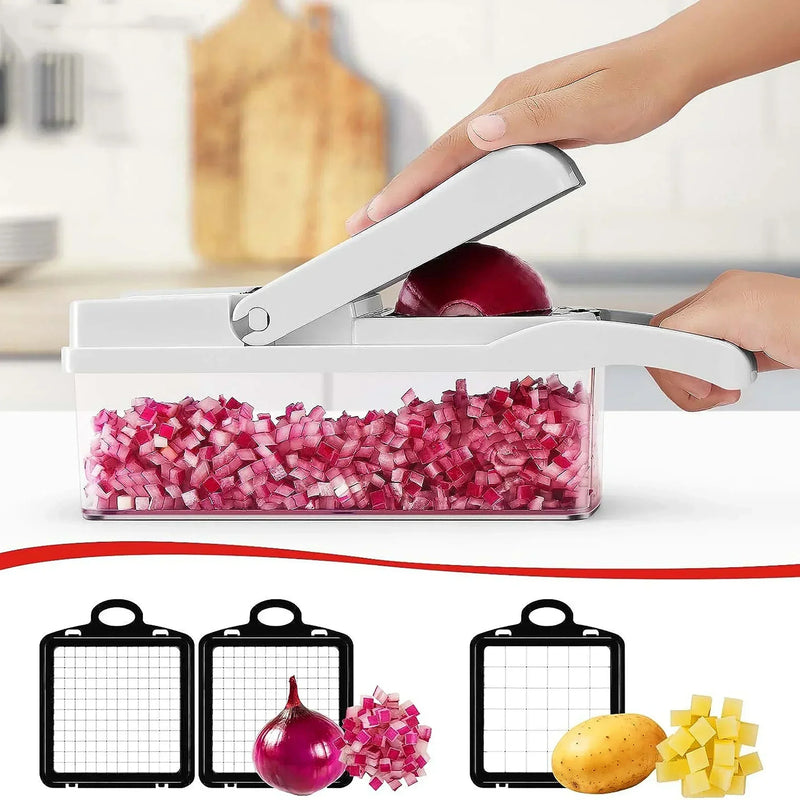 Gemüseschneider 12-in-1 KüchenMeister Pro | Multischneider mit 7 Klingen | Raspeln, Würfeln, Hobeln | BPA-frei & Spülmaschinenfest