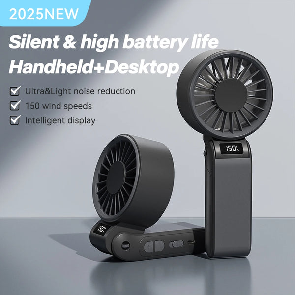 ZephyrAir Lärmfreier Klapp-Ventilator | USB-Wiederaufladbar 3000 mAh | Mini-Handventilator mit 3 Lichtfarben & Luftanzeige