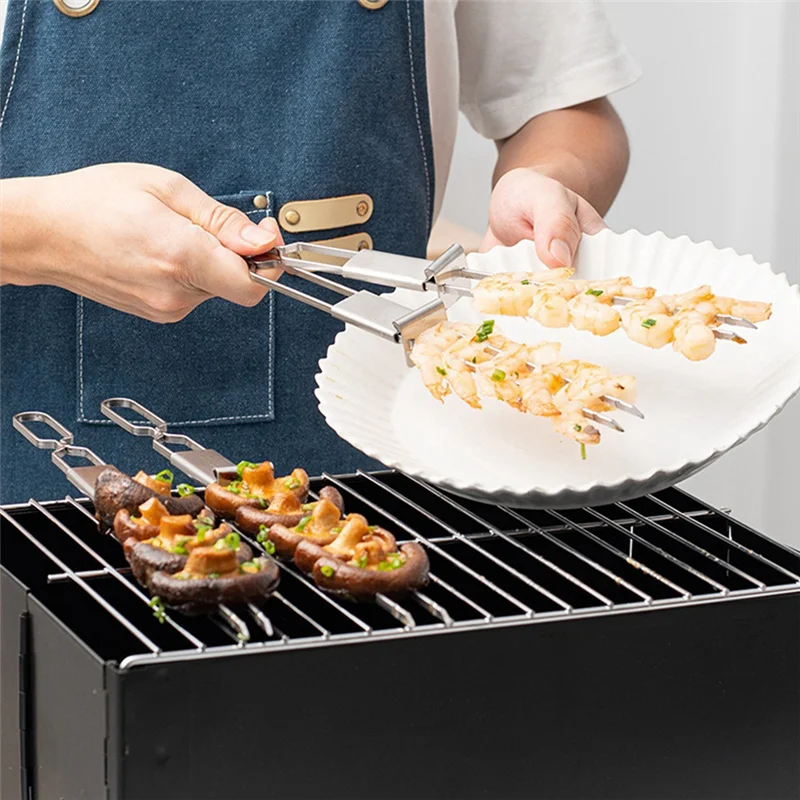 GrillFreude Edelstahl Grillspieße | Doppelzinken mit Schiebemechanismus | Wiederverwendbar & Spülmaschinenfest | 32 cm