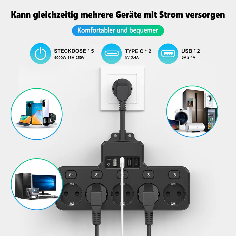 Voltaro Pro 9-in-1 | Steckdosenleiste EU | 5 AC Steckplätze + 4 USB (2× Typ-C) | Einzelschalter | 16A | Kurz-Kabel 10 cm