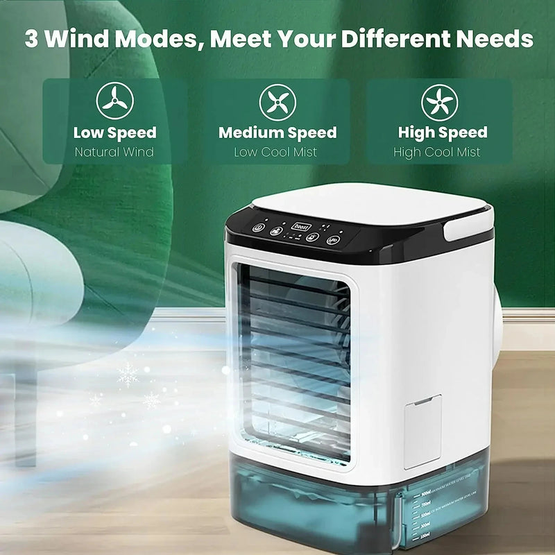 AerisGlow Breeze 900 Luftkühler mit Ultraschall-Vernebelung | 3-Stufen-Ventilator & Nachtlicht | Tragbar & Leise | 900 ml Wassertank für Büro & Zuhause