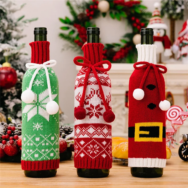 Festivelle 3er Set Weihnachts Flaschenhüllen | Gestrickte Weinflaschen Deko | Mit Kordelzug | Für 750ml Wein- & Champagnerflaschen | Polyester