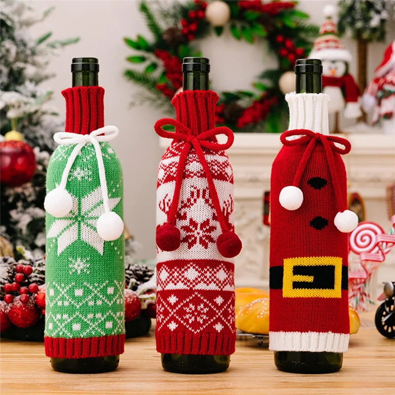 Festivelle 3er Set Weihnachts Flaschenhüllen | Gestrickte Weinflaschen Deko | Mit Kordelzug | Für 750ml Wein- & Champagnerflaschen | Polyester