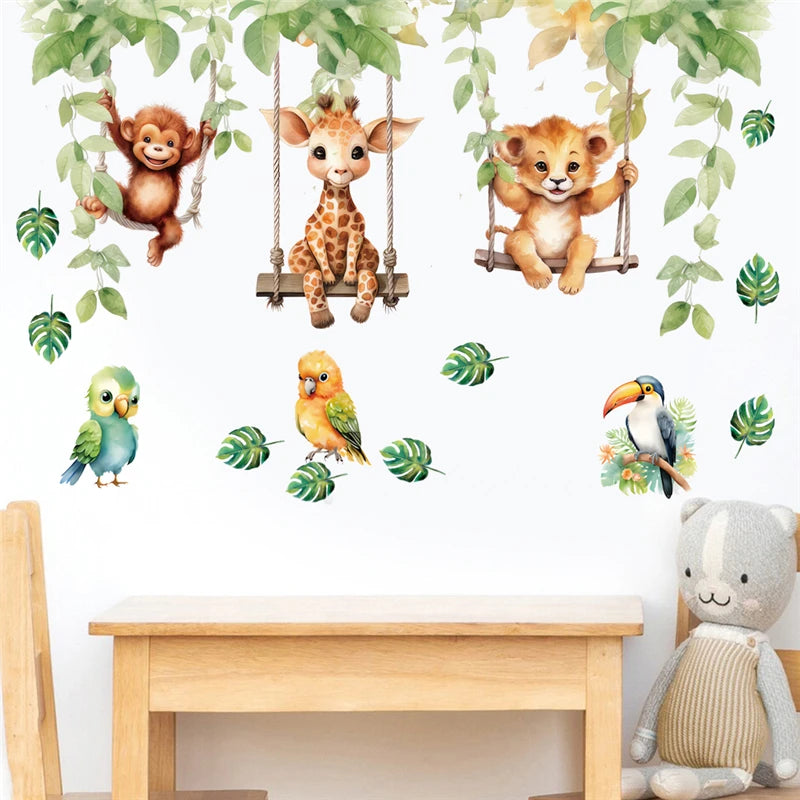 Wandolino JungleSwing Wandsticker Tiere schwingen am Ast | Lustige Dschungel-Tierdeko für Kinderzimmer