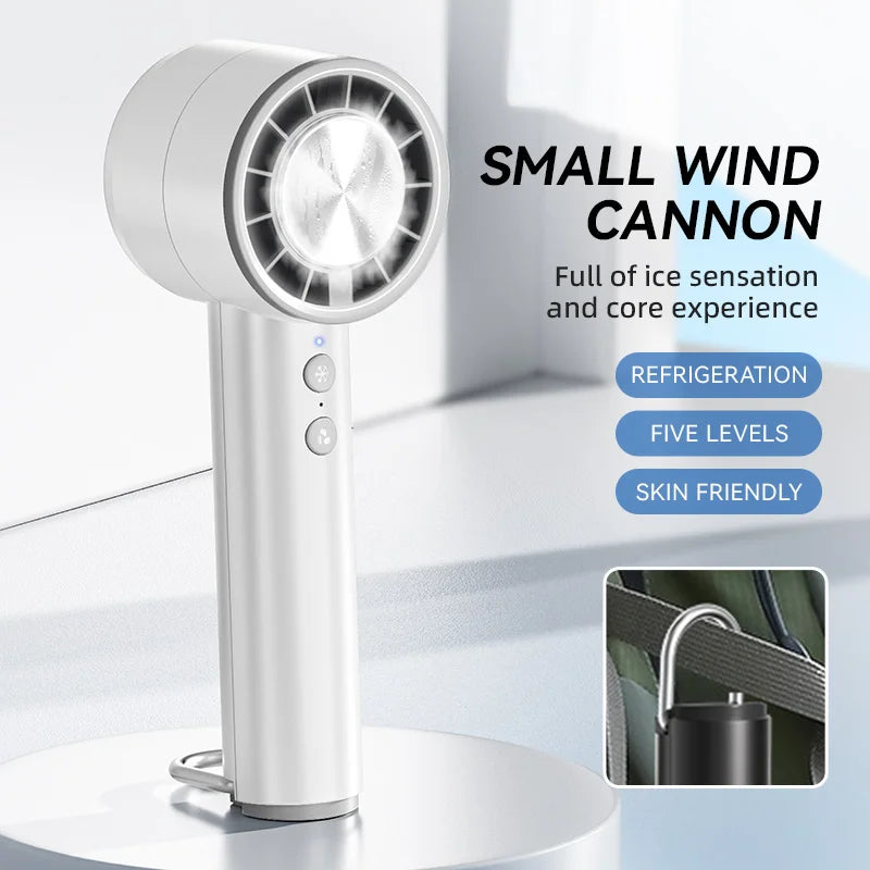 Brisano AirCool Mini Handventilator mit Kühlfunktion | 5 Geschwindigkeiten | LED-Display & USB-Aufladung | Leise & Tragbar | Für Reisen, Büro & Outdoor