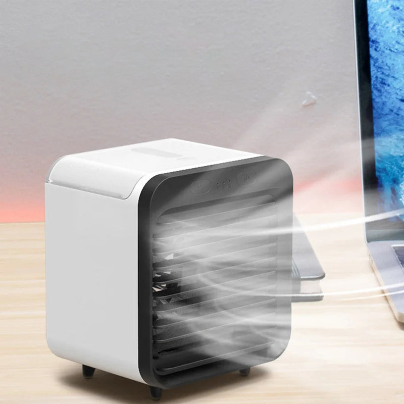 Coolivio Mini AirCooler | Tragbarer 3-in-1 USB-Ventilator mit Luftbefeuchtung & Kühlfunktion | 3 Stufen | 2500 mAh Akku | Für Büro, Reise & Zuhause