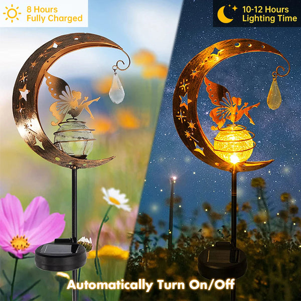 Lunafeya Solar Gartenlicht mit Mond & Fee | Rissglas-Kugel | IP55 Wasserdicht | Romantische Deko für Weg & Beet